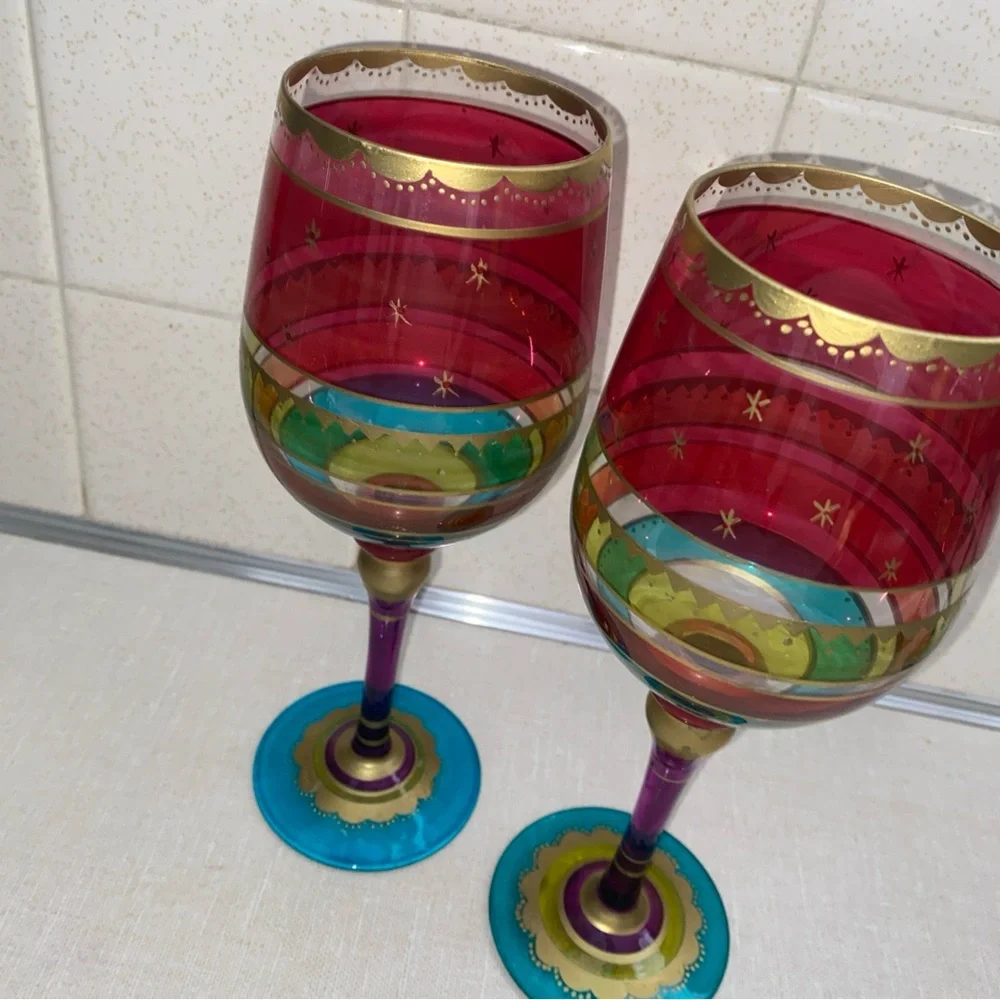 Pier 1 Festive Holiday Stripe Red Gold Purple Blue Wine Glass Set Hand‎ Painted